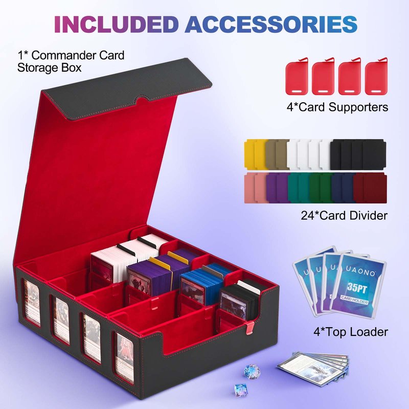 UAONO Trading Card Storage Box with Commander Display; 2400+ Deck Box for MTG with Removable Cover; Top Loaders Card Case fits Magic TCG PTCG Sports Cards; 24 Dividers, 4 Stoppers (Black, Red)