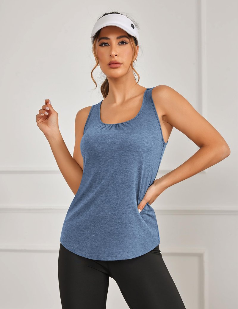 PINSPARK Womens Tank Tops Sleeveless Athletic Running Shirts Moisture Wicking Racer Back Workout Tank Flowy Tennis Pickleball Shirt for Summer,Denim Blue/Dark Green L