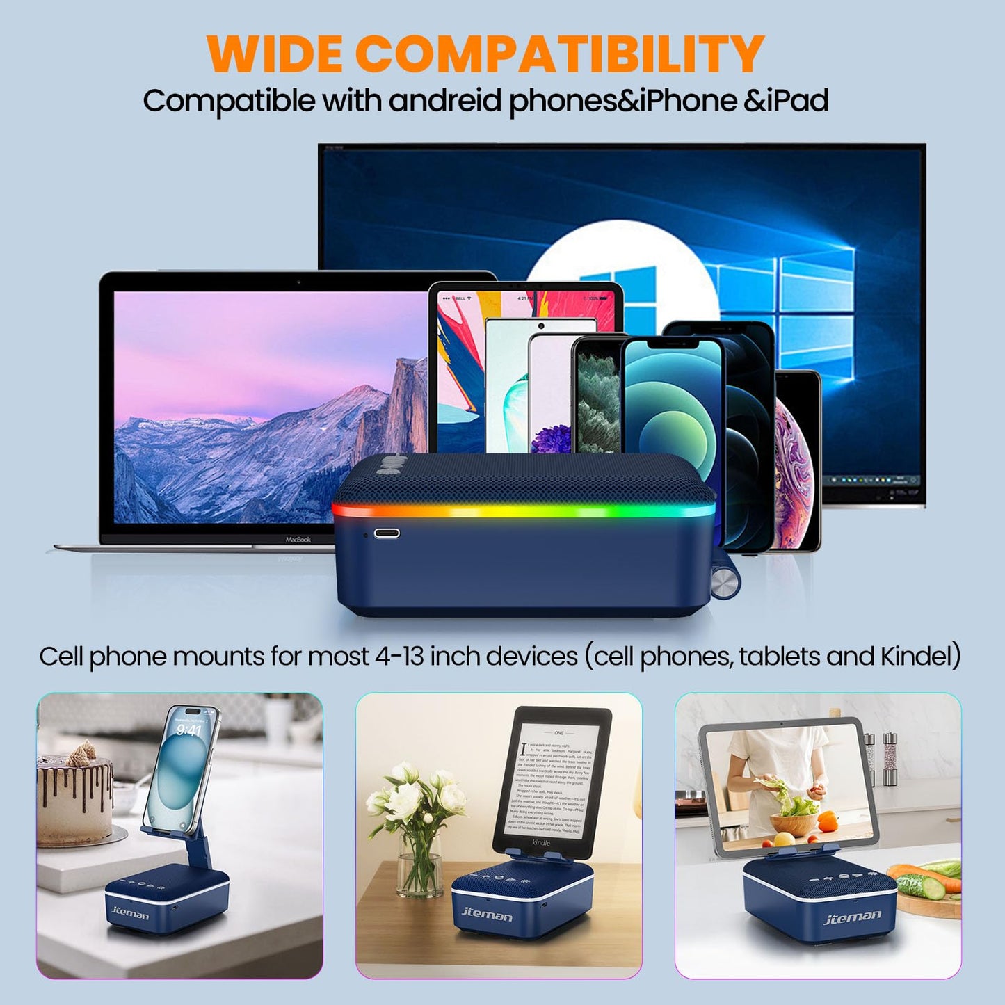 JTEMAN Gifts for Men Women,Cell Phone Stand with Bluetooth Speaker,LED Light,and Lanyard,Cool Tech Gadgets,Unique Birthday Gifts for Men Husband Mom Dad-Blue