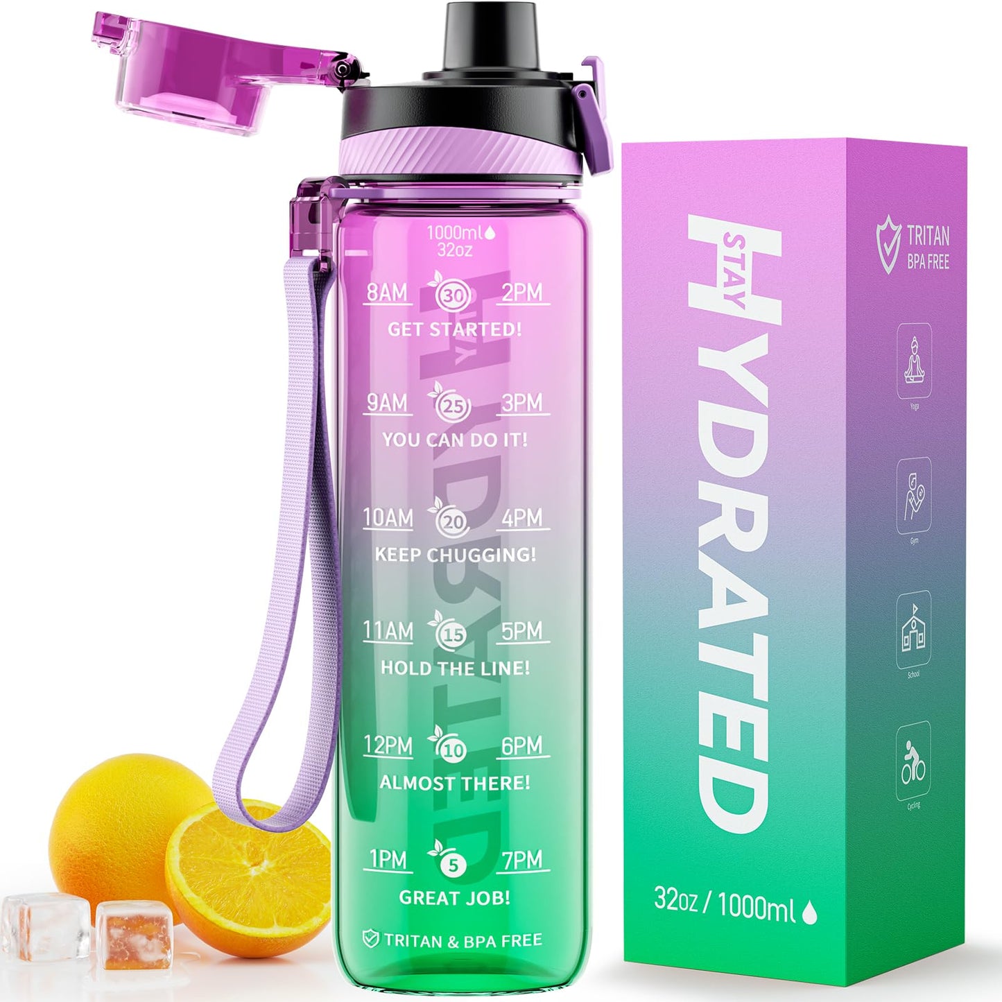 Water Bottle, 32 oz Motivational Water Bottles with Time Marker-Tritan & BPA Free, Sports Water Bottle with Time to Drink & Strap, Wide Mouth, Leakproof -Gift for Christmas Gym Fitness & Outdoor