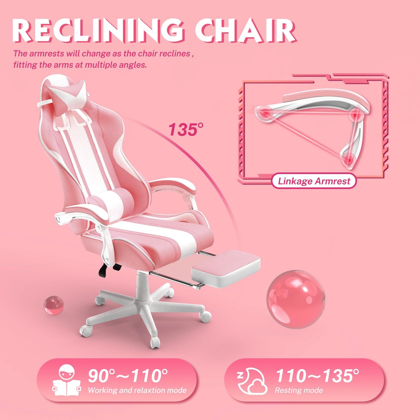 Ferghana Kawaii Pink Gaming Chair with Bunny Ears, Ergonomic Cute Gamer Chair with Footrest and Massage, Racing Reclining Leather Office Computer Game Chair 250lbs for Girls Adults Teens Kids