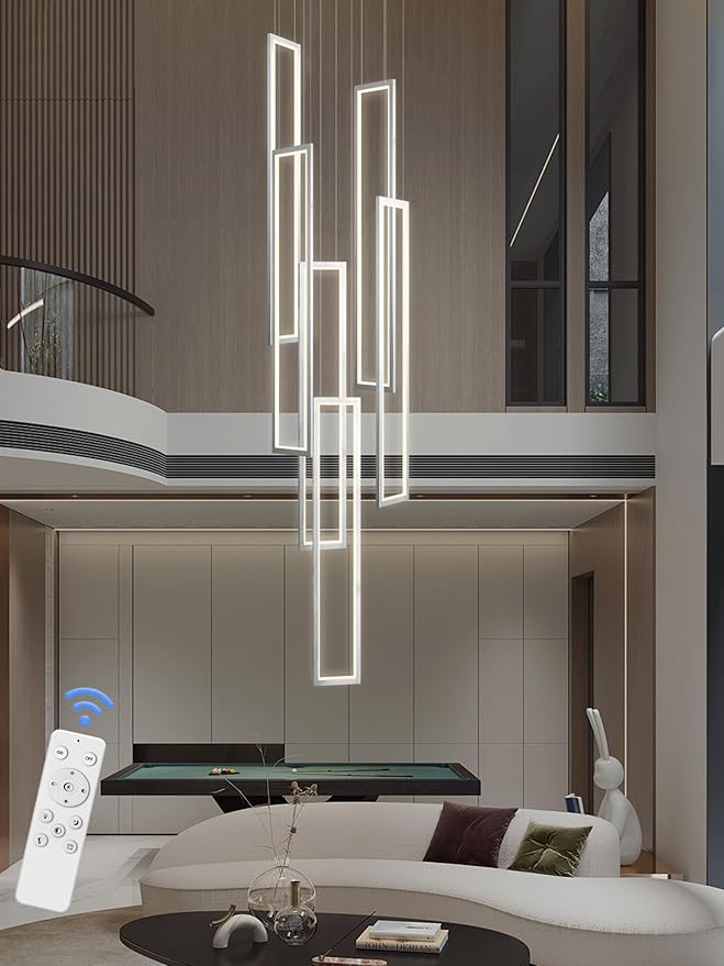 Flashing God Large Modern Chandeliers, Silver with 6 Ring Led Foyer High Ceiling Chandelier for Living Room, Rectangle for Entryway Staircase LED Dimming 2700k-6001k