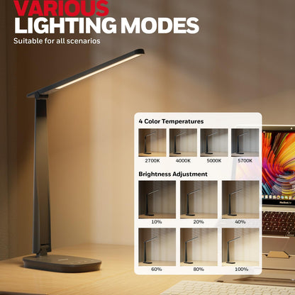 Honeywell LED Desk Lamp Eye Caring - Sunturalux H2 Table Lamp with USB Charging Port, 4 Colour Modes Stepless Dimmable, Auto Timer,Touch Control Foldable Desk Light for Home Office Bedroom Black