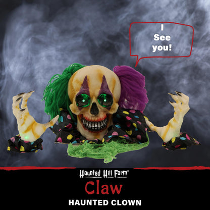Haunted Hill Farm Scary Talking Groundbreaker Skeleton Clown Halloween Prop with Touch Activated Lights and Sounds, Battery Operated, Poseable Indoor or Covered Outdoor Halloween Decorations for Home