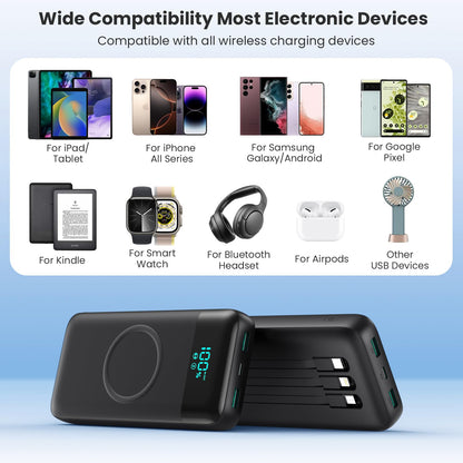Wireless Portable Charger 40800mAh with 3 Built-in Cables,7-in-1 15W Wireless Charging Power Bank,25W PD QC 4.0 Fast Charging USB C LCD Display Battery Pack for iPhone 17/16/15/13,Samsung,Android etc