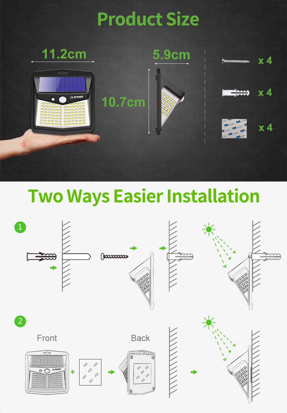 CLAONER Solar Lights Outdoor, Upgraded Motion Sensor Security Lights with 3 Modes IP65 Waterproof Durable Solar Powered Wall Lights 270° Lighting Angle for Yard Door Fence (4 Pack)