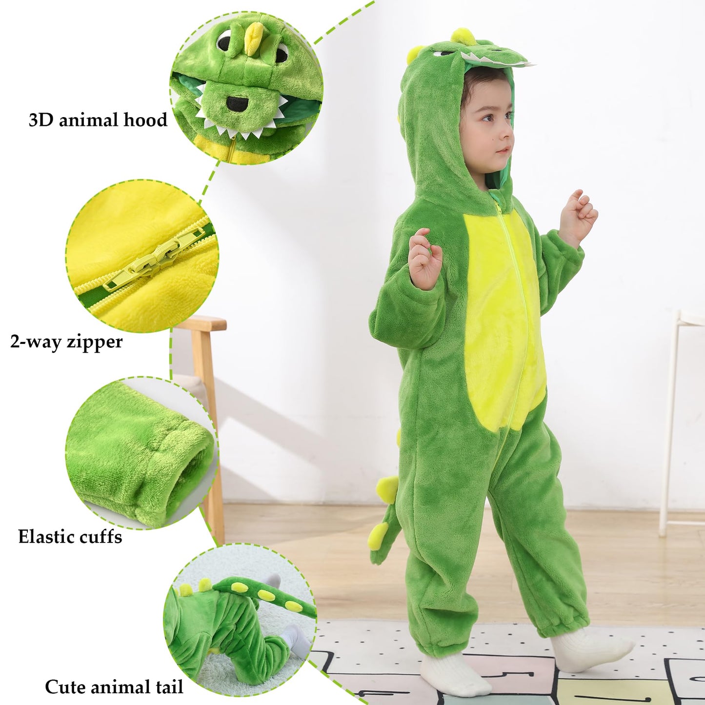 TONWHAR Kids' And Toddlers' Infant Tiger Dinosaur Animal Fancy Dress Costume Outfit Hooded Romper Jumpsuit (4T/Height:40"-43", Green Dinosaur)