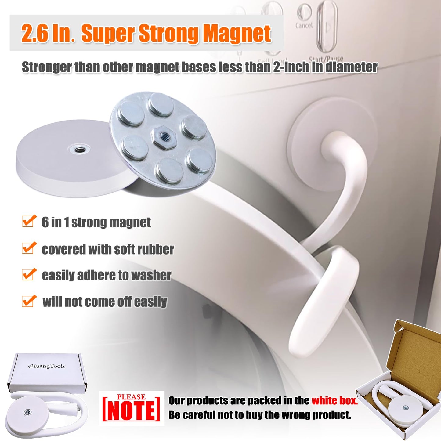 Front Load Washer Door Prop and Stopper - Magnetic Washing Machine Door Holder with 2.6-Inch Magnet Base, Removable Washer Door Stopper Keep Washer Door Open to Prevent Odors (White)