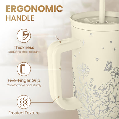 SANDJEST Floral Tumbler with Handle 40oz, Stainless Steel Insulated Tumblers Coffee Travel Mug Cup with Straw, Flower Coffee Cup Gifts for Women Girls, Gift for Her on Christmas Birthday Mothers Day