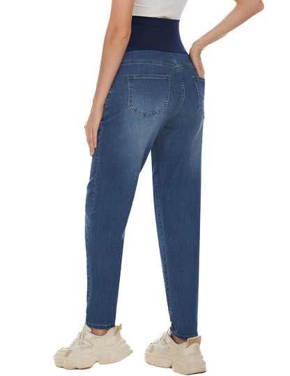 POSHGLAM Women's Maternity Jeans Over Belly Comfy Stretch Boyfriend Jeans Loose Pregnancy Pants, S-XXL, A02 Dark Blue, XL