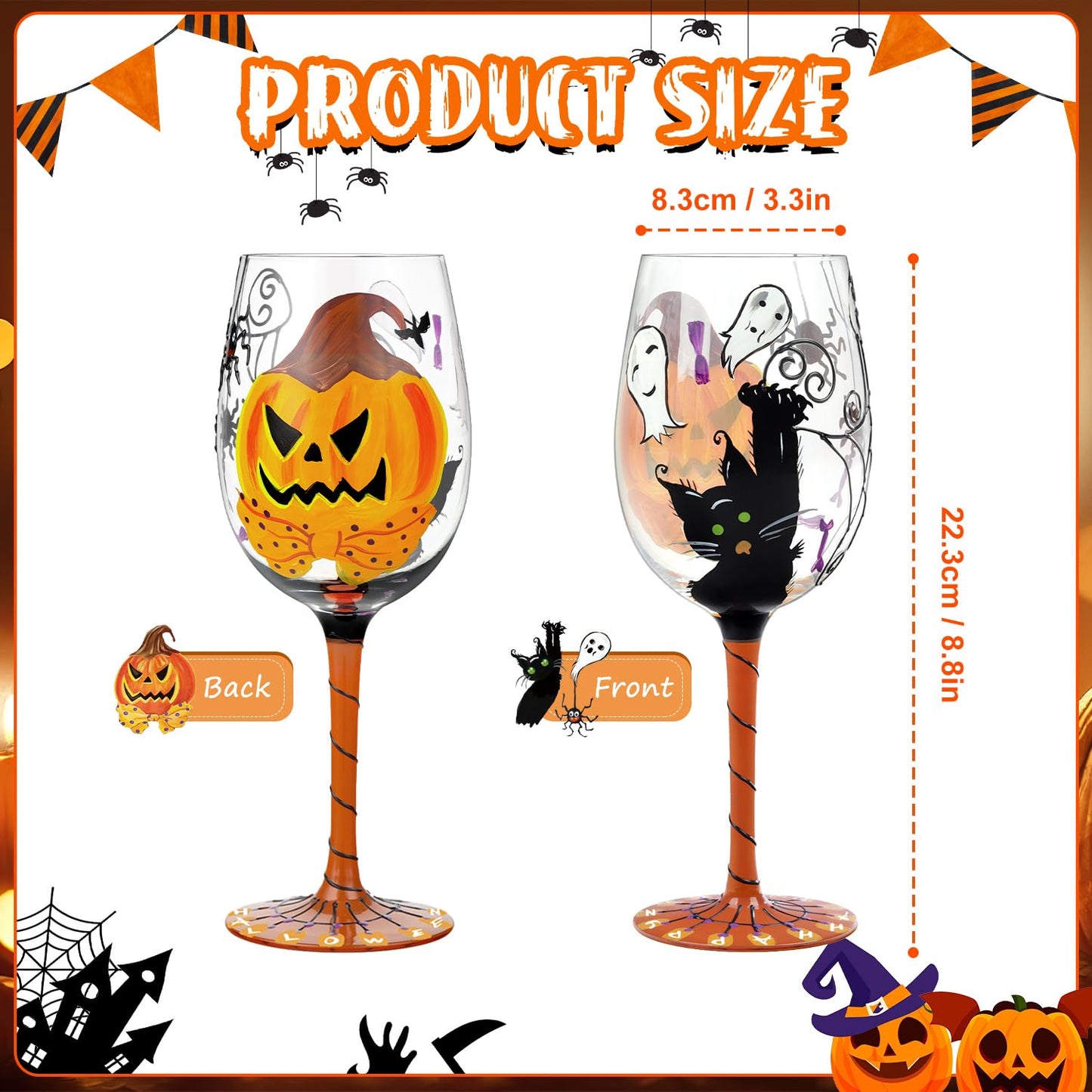 NymphFable Halloween Hand Painted Wine Glass Pumpkin Black Cat Spider Cobwebs Ghosts Unique Halloween Wine Glass for Home Party Friend (2024 Update)
