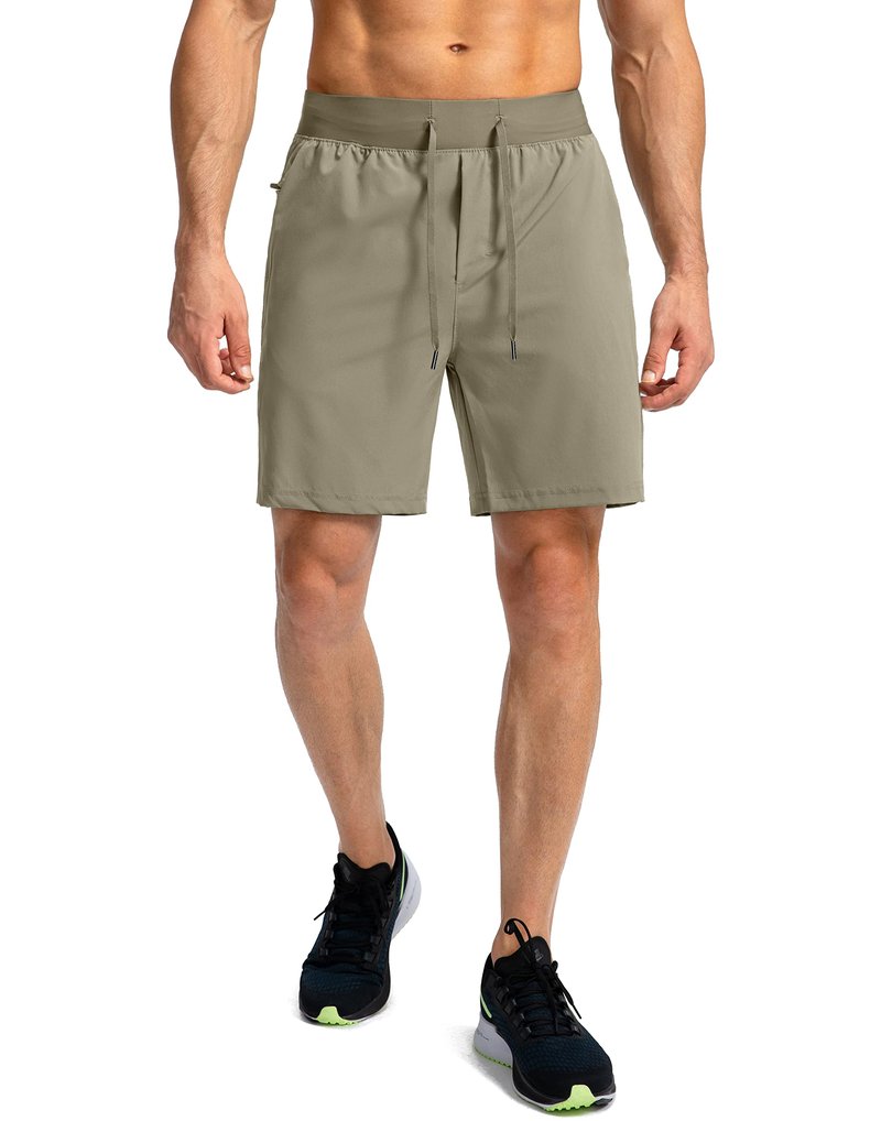 Soothfeel Men's Running Shorts with Zipper Pockets 7 Inch Lightweight Quick Dry Gym Athletic Workout Shorts for Men (Dusty Khaki, M)