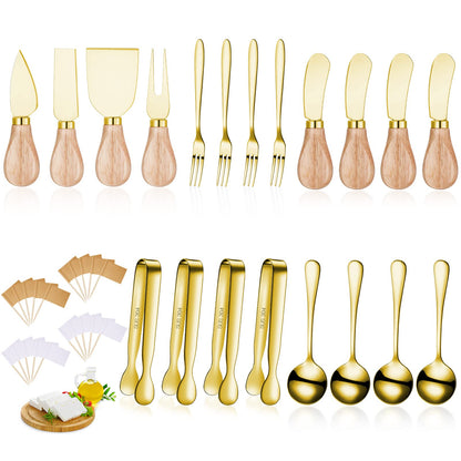 Charcuterie Board Accessories Spreader Knife Set Cheese Butter Spreader Knife Charcuterie Utensils with Wooden Handles Mini Serving Tongs Spoons Forks for party Wedding Christmas (Gold, 20 Pieces)