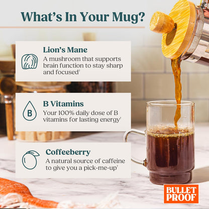 Bulletproof The High Achiever Ground Mushroom Coffee, 10oz, High Caffeine with Lion's Mane, B Vitamins and Adaptogens for Energy & Focus, Medium-Dark Roast