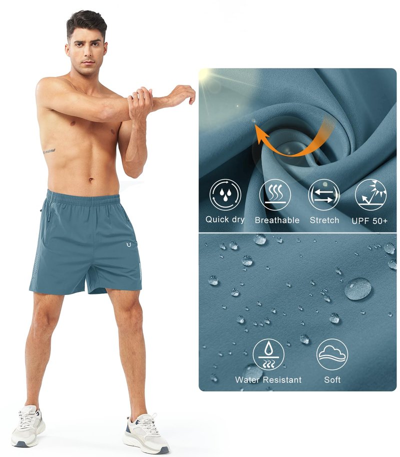 NORTHYARD Men's Athletic Running Shorts Gym Workout 7"/9"/5" Quick Dry Lightweight Sports Basketball Tennis 3 Zipper Pockets GREYBLUE-5inch 2XL