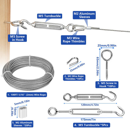 TooTaci 30M Garden Wire for Climbing Plants, 2mm PVC Coated Stainless Steel Cable with M5 Turnbuckles, Fence Wire, Vine Eyes for Climbing Plants, Perfect for Trellis, Outdoor String Light Hanging