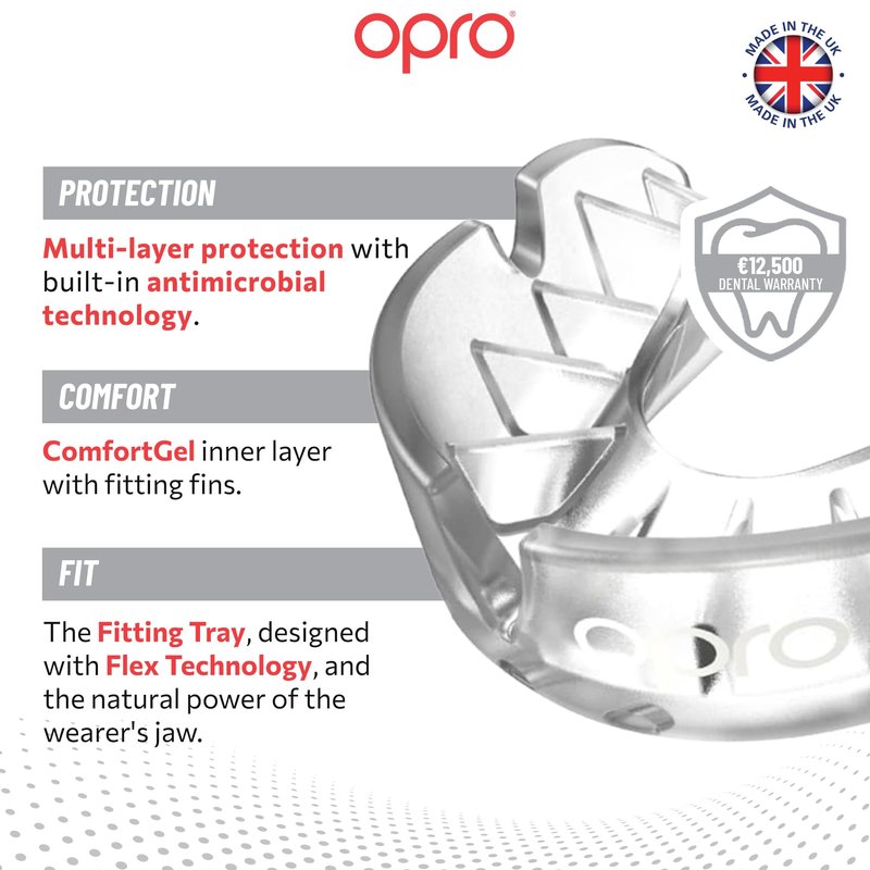 OPRO Silver Level Moldable Mouth Guard Essential Fit (Clear) Adult & Kids Boxing Mouthguard for MMA & Impact Sports, Easy Self-Fit Mouth Guard for Sports, Football & Hockey - Includes Case