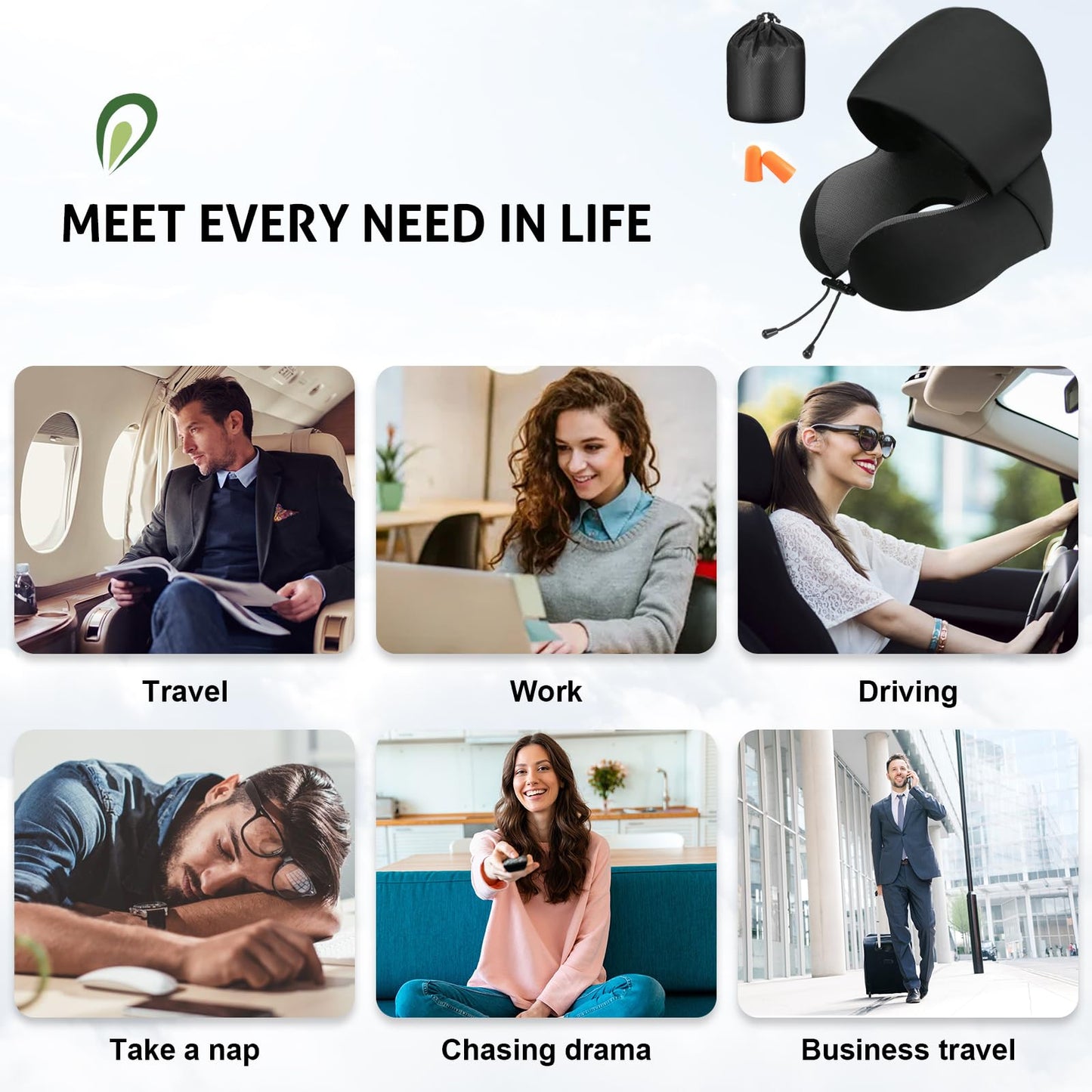 Jiancrate Travel Pillow for Neck Memory Foam, Hooded Travel Neck Pillow for Adults, Comfortable Neck Pillow for Travel with Hoodie, Flight Pillow, Airplane Pillow, Travel Cushion for Plane Car Train