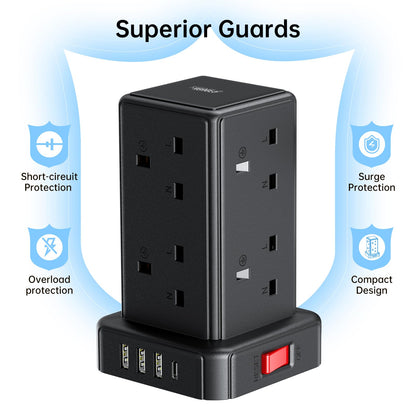 Kemelo Tower Extension Lead with 8 Way Multi Plug & 4 USB Ports (13A 3250W), Mini Power Strip with Switch, 2M Extension Cable Surge Protection for Home, Kitchen, Office