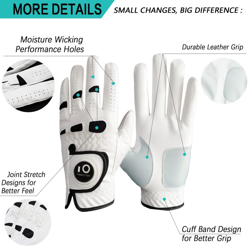 FINGER TEN Men’s Golf Gloves Left Hand Right with Ball Marker 2 Pack, Weathersof Grip Soft Comfortable, Fit Size Small Medium ML Large XL (Cadet S, Worn on Left Hand)