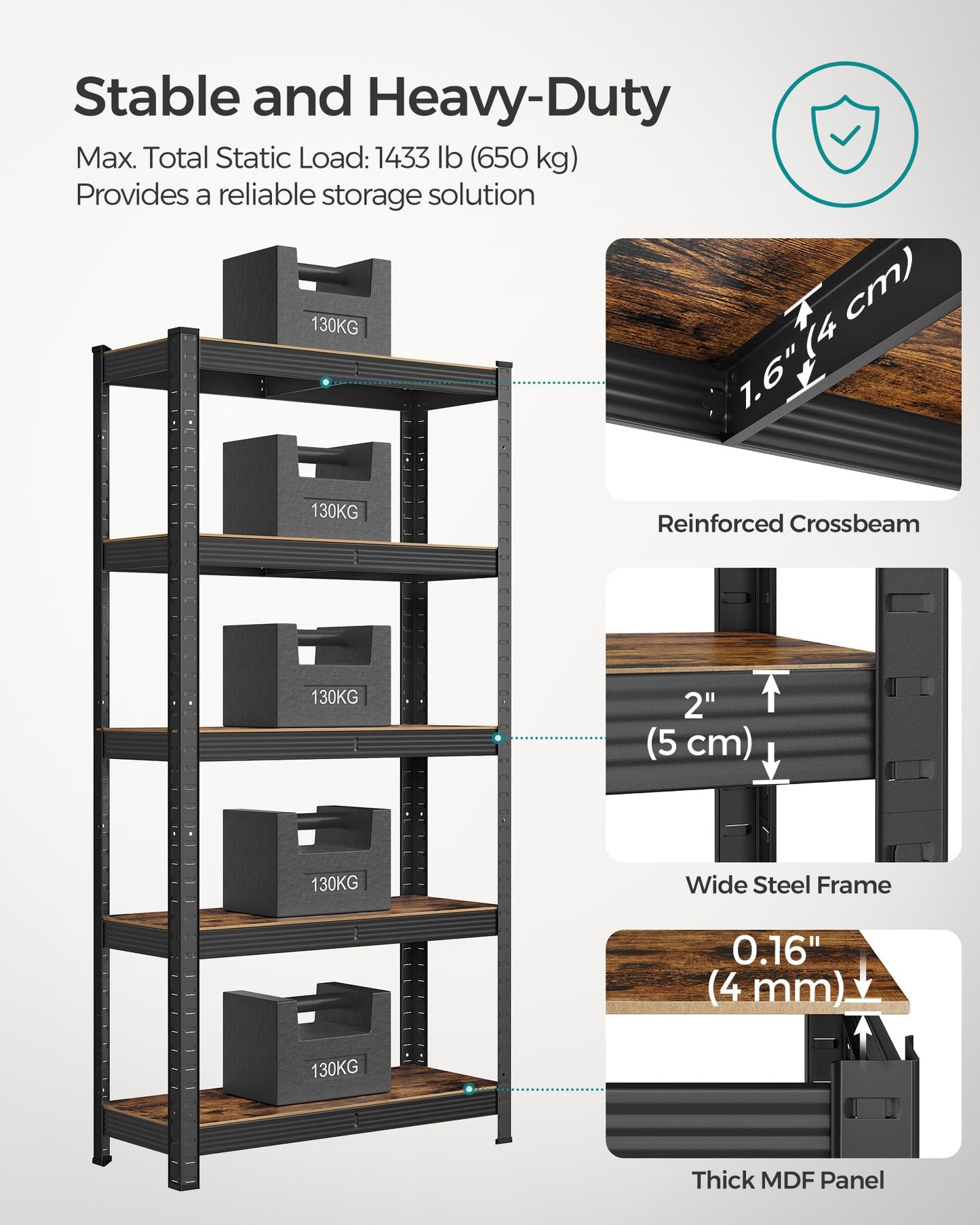 SONGMICS Shelving Unit, 30 x 75 x 150 cm, 650 kg Load Capacity (130 kg per Shelf), Industrial, Adjustable Storage Shelves, for Living Room, Kitchen, Garage, Rustic Brown and Black GLR030B01