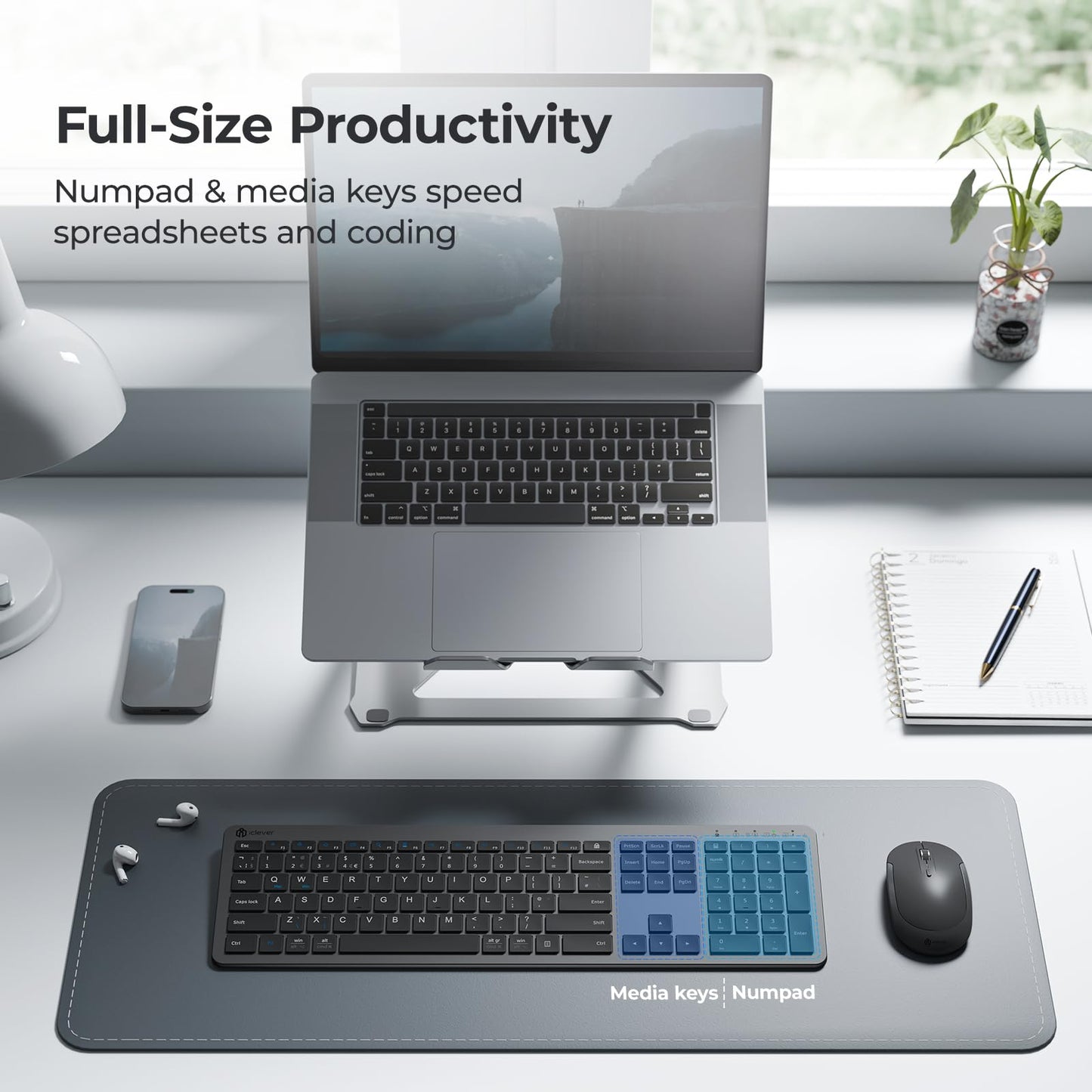 Wireless Keyboard and Mouse Set, iClever Keyboard and Mouse Rechargeable Full Size with Numeric Keypad, Energy Saving 2.4G USB Ultra Slim Silent Wireless Keyboard for Mac OS/Windows/Computer/Laptop