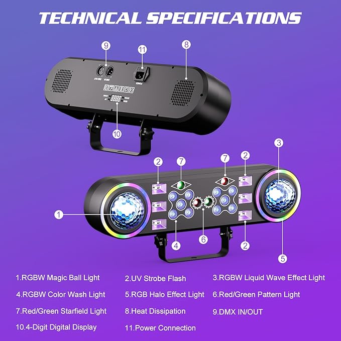 80W Dj Lights with Stand,7 in 1 Party Light Dj Disco Lights Sound Activated DMX Wireless Control with Rotating Ball,Strobe,UV,Colorful Effect for Stage KTV Band Wedding with Carry Bag (Black, 8)