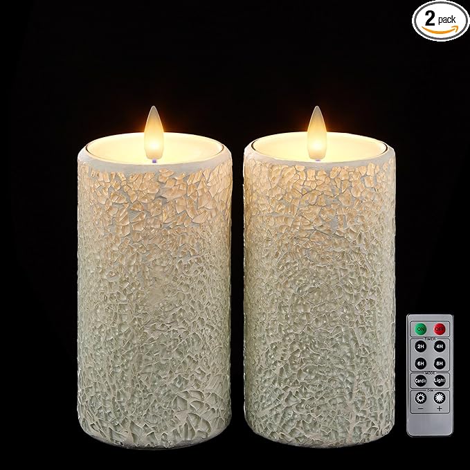 White Cracked Glass Flameless Pillar Candles - 3D Moving Flickering LED, Remote Timer & Battery Operated, Real Wax Interior for Home/Christmas Decor