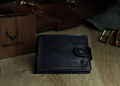 PELLE TORO All-in-One Handmade Mens Wallet with RFID Blocking, Coin Pocket, Fine Leather Card Wallet for Men with 8 Slots and Zip Section, in Wooden Gift Box, Black