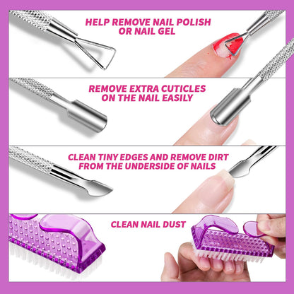 FANDAMEI Nail Polish Gel Remover Tools Kit with Nail Clips, 100ml Nail Polish Remover Bottle, 500 Nail Remover Cotton Pad, Nail Brush, Cuticle Pusher/Peeler, 100/180 Nail File,Buffer Block