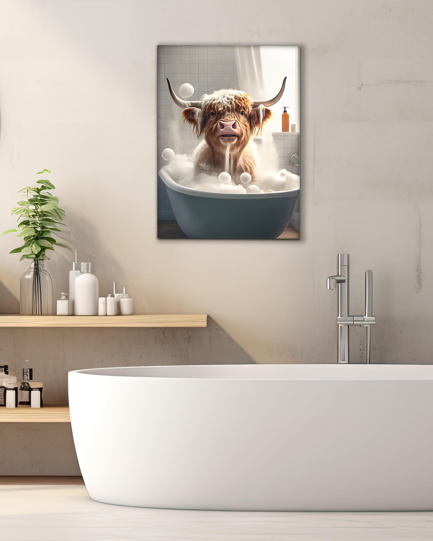 UPWOIGH Funny Bathroom Wall Art Decor,Highland Cow Wall Art, Waterproof Wood Framed Canvas Wall Art Bathing Animals Humor Abstract Prints, 12x16in High-end Pictures for Bedroom Kids Room 1 Pack
