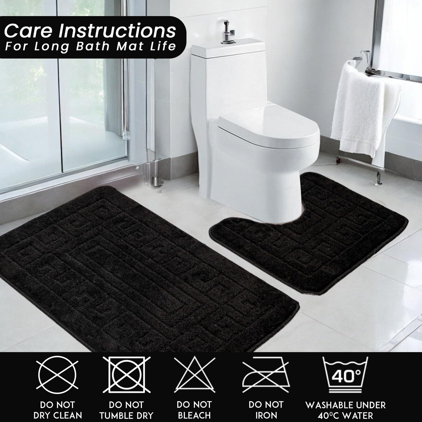 EDS Luxury 2 Piece Greek Bath Mat Set Non Slip Ultra Soft Bathroom Mats Water Absorbent Bath Mats Machine Washable Rug Toilet Mat for Bathroom Floor (Black)