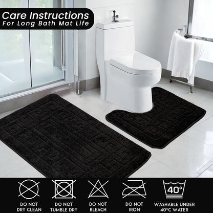 EDS Luxury 2 Piece Greek Bath Mat Set Non Slip Ultra Soft Bathroom Mats Water Absorbent Bath Mats Machine Washable Rug Toilet Mat for Bathroom Floor (Black)
