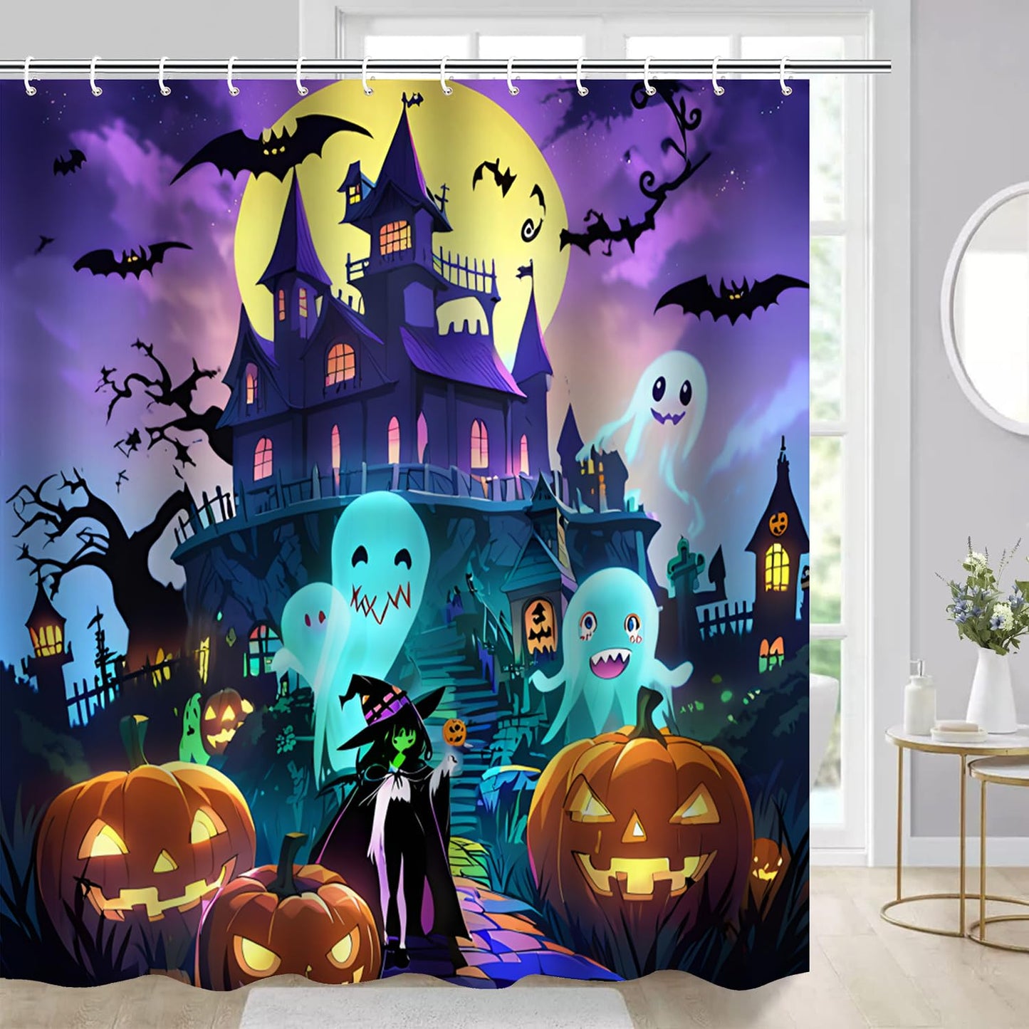Atwqevon Halloween Shower Curtain, Scary Shower Curtain Set, Spooky Castle Decor, Horror Haunted House Bathroom Home Indoor Decorations, Waterproof Bathroom Curtain with Hooks 72"X72"
