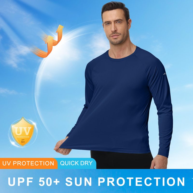 Men's Long Sleeve Rash Guard Swim Shirts UPF 50+ Sun Protection Dry Fit T-Shirt Athletic Tops for Running Hiking Fishing Navy Blue M