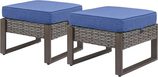 Rilyson Outdoor Ottoman Wicker Patio Footrest - 2 Piece Wicker Footrest Footstools Set with Sturdy Frame,All-Weather PE Wicker, Thick Cushions for Deck Porch Garden(Mixed Grey/Blue)