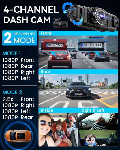IIWEY N5 4 Channel Dash Cam, 360° All-Sides View, FHD 1080P Front and Rear Inside, Left Right Dash Camera for Cars, 8 IR Lamps, 5G WiFi & APP Control, 24H Parking Mode, G-Sensor, with a 128GB SD Card