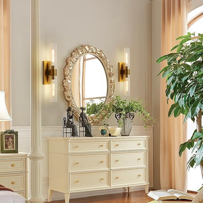 Brass Wall Sconces, 22.8" Bathroom Wall Sconce, Antique Brass Wall Sconces Set of 2, 2-Light Dimmable Wall Sconce, Sconces Wall Lighting With Glass, Bathroom Vanity Light, Tube Sconce for Living Room