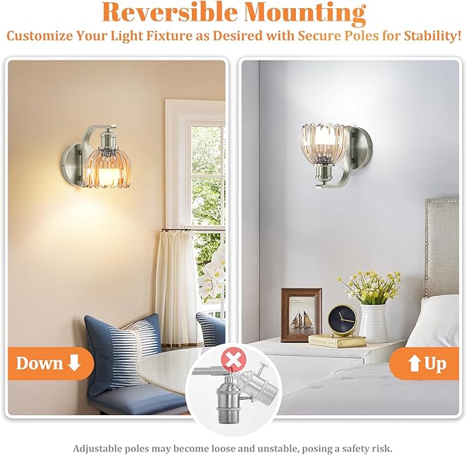 Rechargeable Battery Operated Wall Sconce with Amber Glass Lampshade, Wireless Wall Scone Decor with Remote Control, 15 Colors Brushed Nickle Wall Light for Bedside Hallway Bedroom Doorway