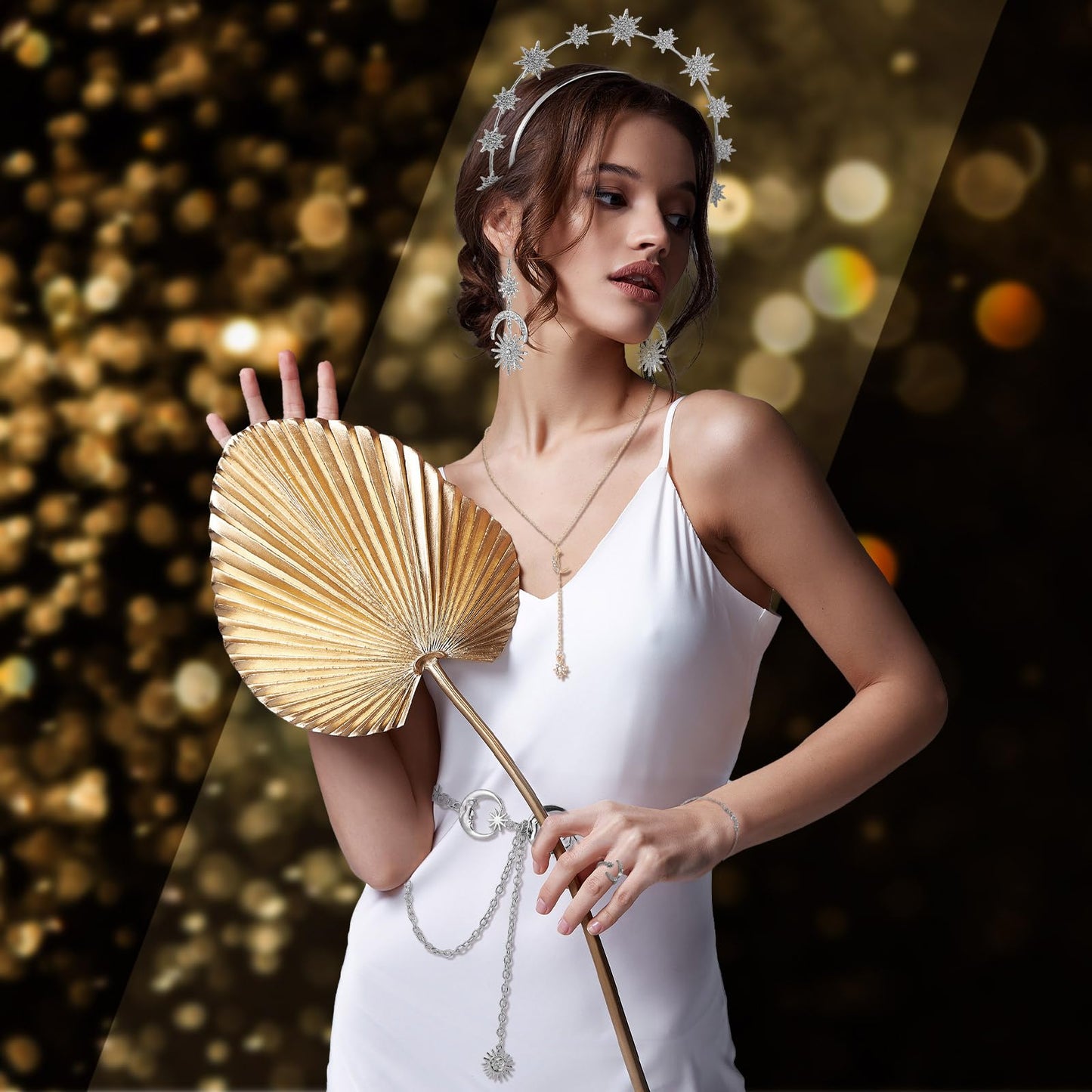 Glenmal 6 Pcs Halloween Crown Moon Star Headband Celestial Earrings Belt Jewelry for Wedding Moon Goddess Costume Accessories(Silver)