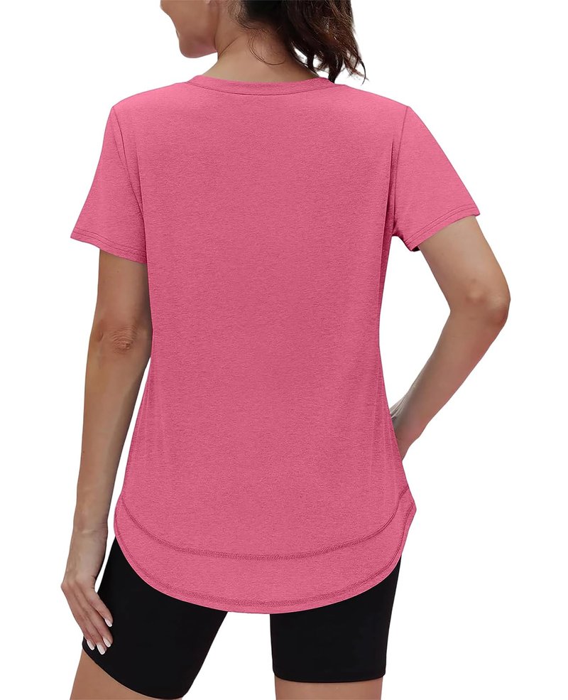 Workout Tops for Women Spring Summer Short Sleeve Golf Outfits Gym Essentials Activewear Running Shirts V Neck Red Pink S