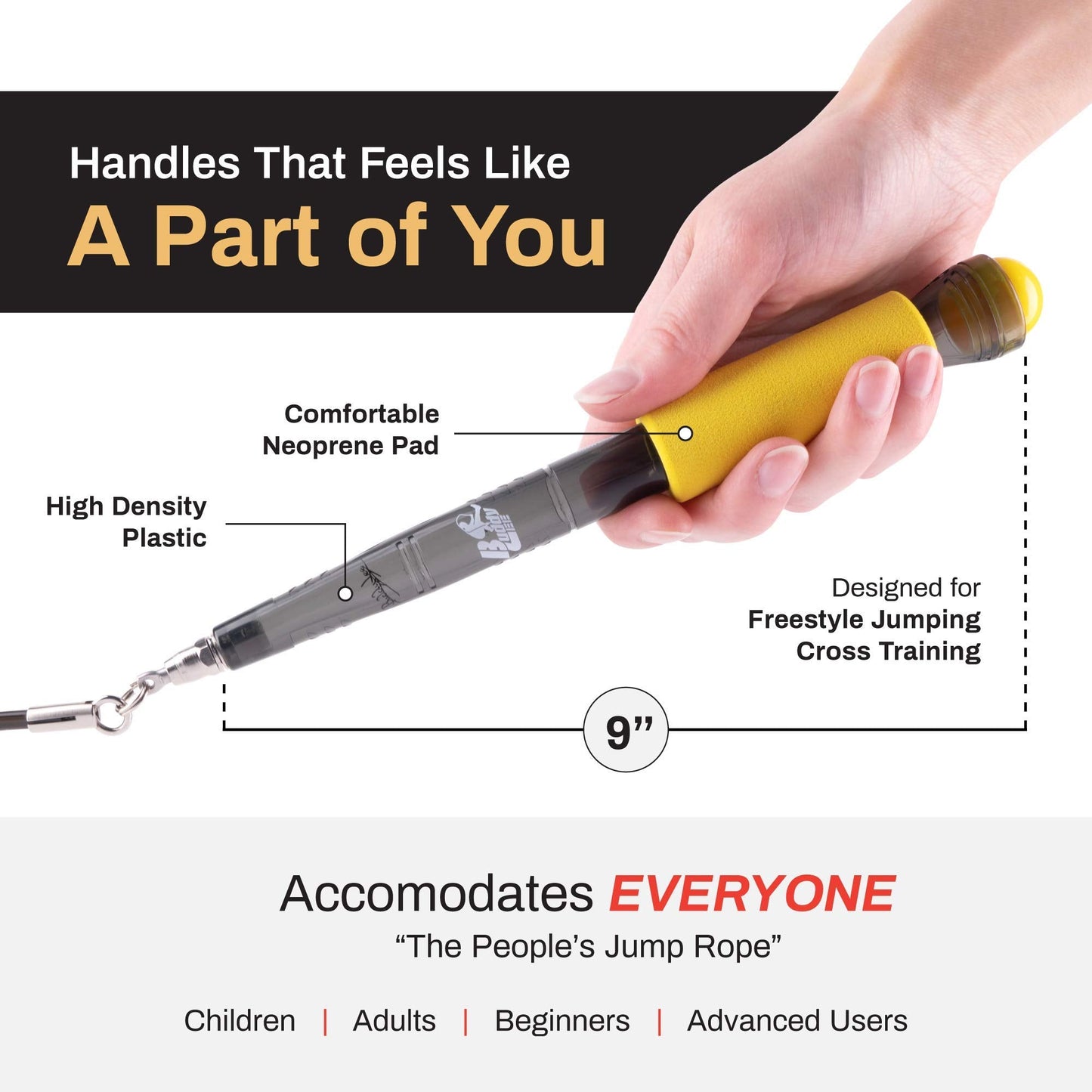 Buddy Lee Jump Ropes Rope Master Yellow Black Original Ball Bearing Jump Rope, 9” HD Plastic Handles. Perfect Jump Rope for Fitness, CrossFit Gym, Endurance Jumping, Cross Overs, Extreme Jumping