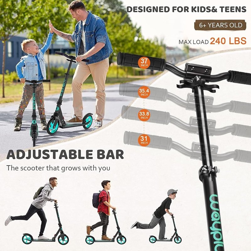 WAYPLUS KS1 Kick Scooter for Ages 6+,Kid, Teens & Adults. Max Load 240 LBS. Foldable, Lightweight, 8IN Big Wheels for Kids, Teen and Adults, 4 Adjustable Levels. Bearing ABEC9 FED Fitness