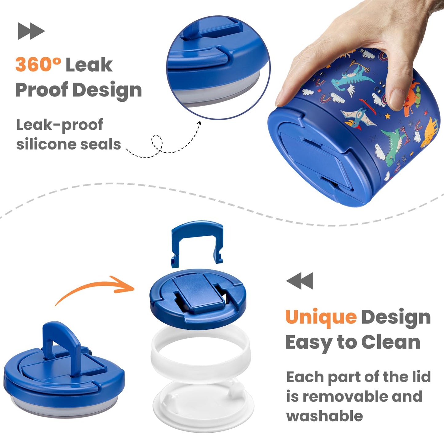 14oz Insulated Vacuum Food Jar with Buckle Lid,Soup Thermo for Hot Food Kids,Wide Mouth Leakproof Stainless Steel Lunch Container with Spoon-Dinosaur