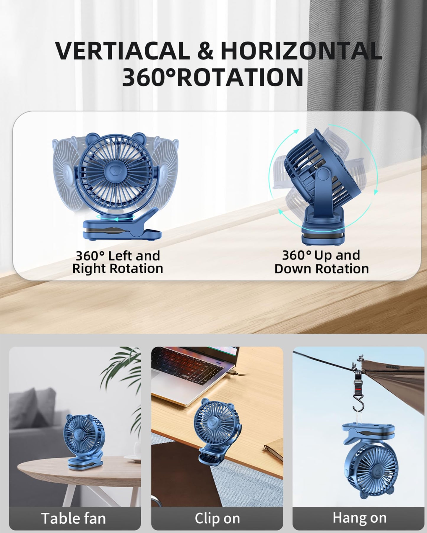 GOTOTO Clip on Fan, Rechargeable Portable Fan with 2000mAh Battery Operated, Small Fan with Powerful Clip Design, 3 Wind Speed, 360° Rotation, Ultra-Low Noise Level Personal Fan for Travel