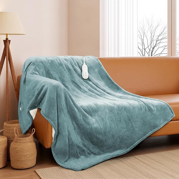 Heated Blanket Throw 50"x60", ETL & FCC Certified Electric Blanket with 3-Hour Timer Auto-Off & 5 Heating Levels, Overheat Protection, Machine Washable - Cyan Blue