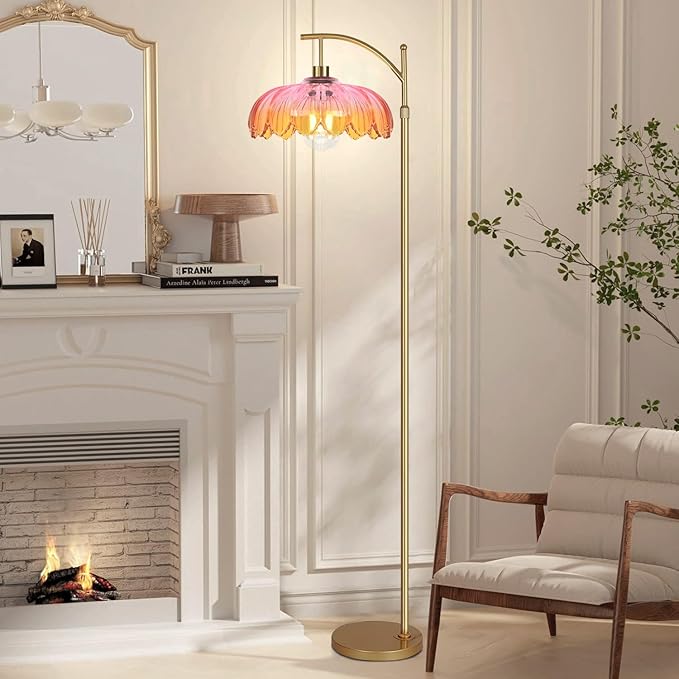 Floor Lamp for Living Room,Bedroom,Gold Dimmable Standing Lamp with Remote,Mid Century Modern Brass Tall Lamp Retro Vintage Glass Lamp Floor Light Boho Bohemian
