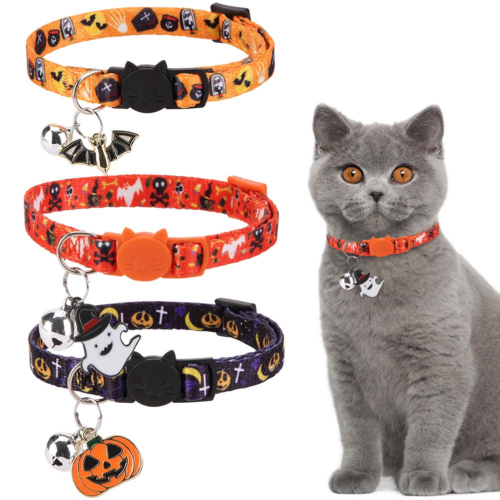 EXPAWLORER Halloween Cat Collar Breakaway - 3 Pack Soft Adjustable Kitten Collars with Bells & Cute Festival Pendants, Holiday Pet Collars for Cats with Safety Buckle