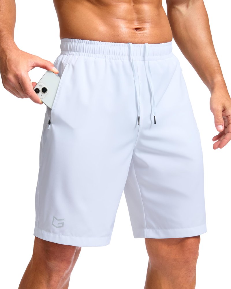 Men's Athletic Running Shorts with Zipper Pockets Quick Dry 7"/ 5"/ 9" Workout Gym Shorts for Basketball Hiking(White,9XS)