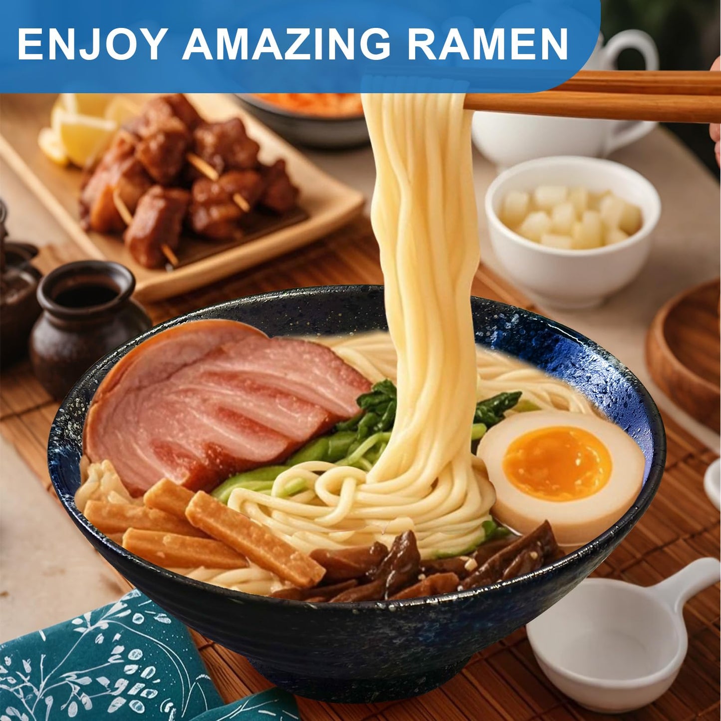 8-Inch Ceramic Ramen Bowl Set of 2 (9 Piece) - Porcelain Japanese Salad Noodles Cereal Fruit Pasta Soup Large Bowls with Recipes Chopsticks Forks Spoons for Men Women Gift Microwave & Dishwasher Safe